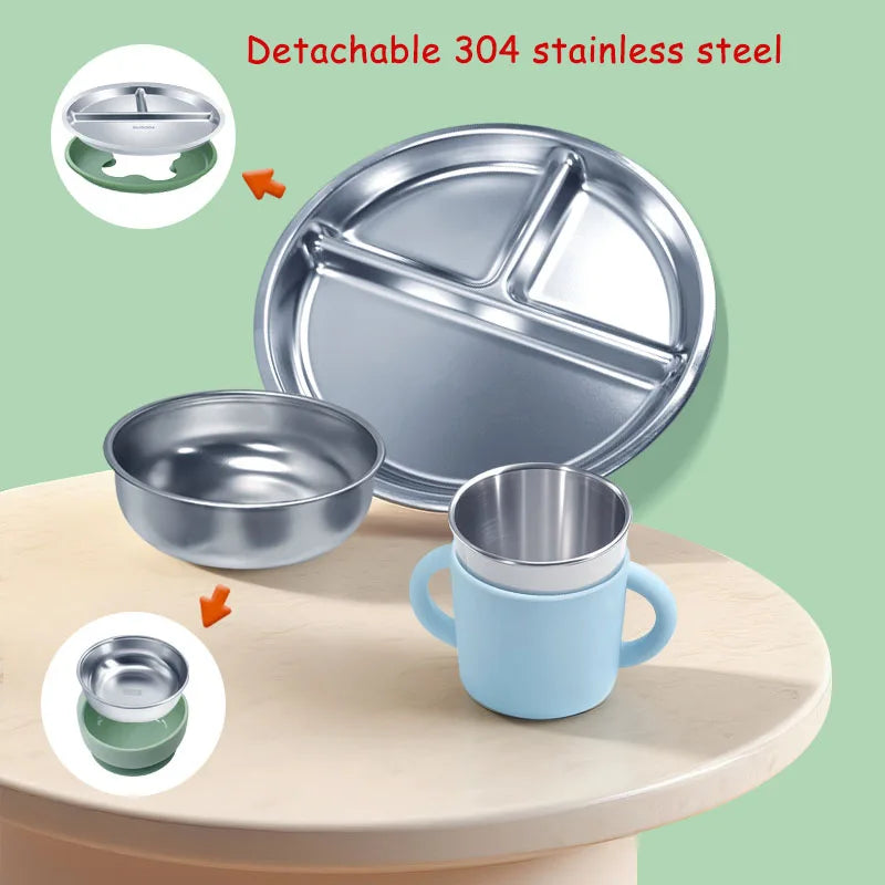 Stainless Steel Plate Personalized Name Silicone Baby Feeding Set Sucker Bowl Dishes Spoon Fork Cup Kids Creative Gift BPA Free