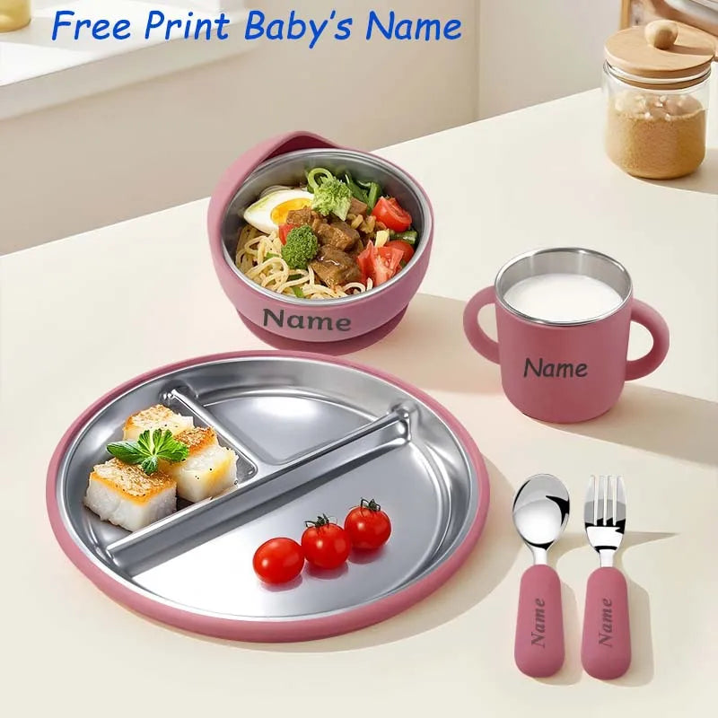 Stainless Steel Plate Personalized Name Silicone Baby Feeding Set Sucker Bowl Dishes Spoon Fork Cup Kids Creative Gift BPA Free