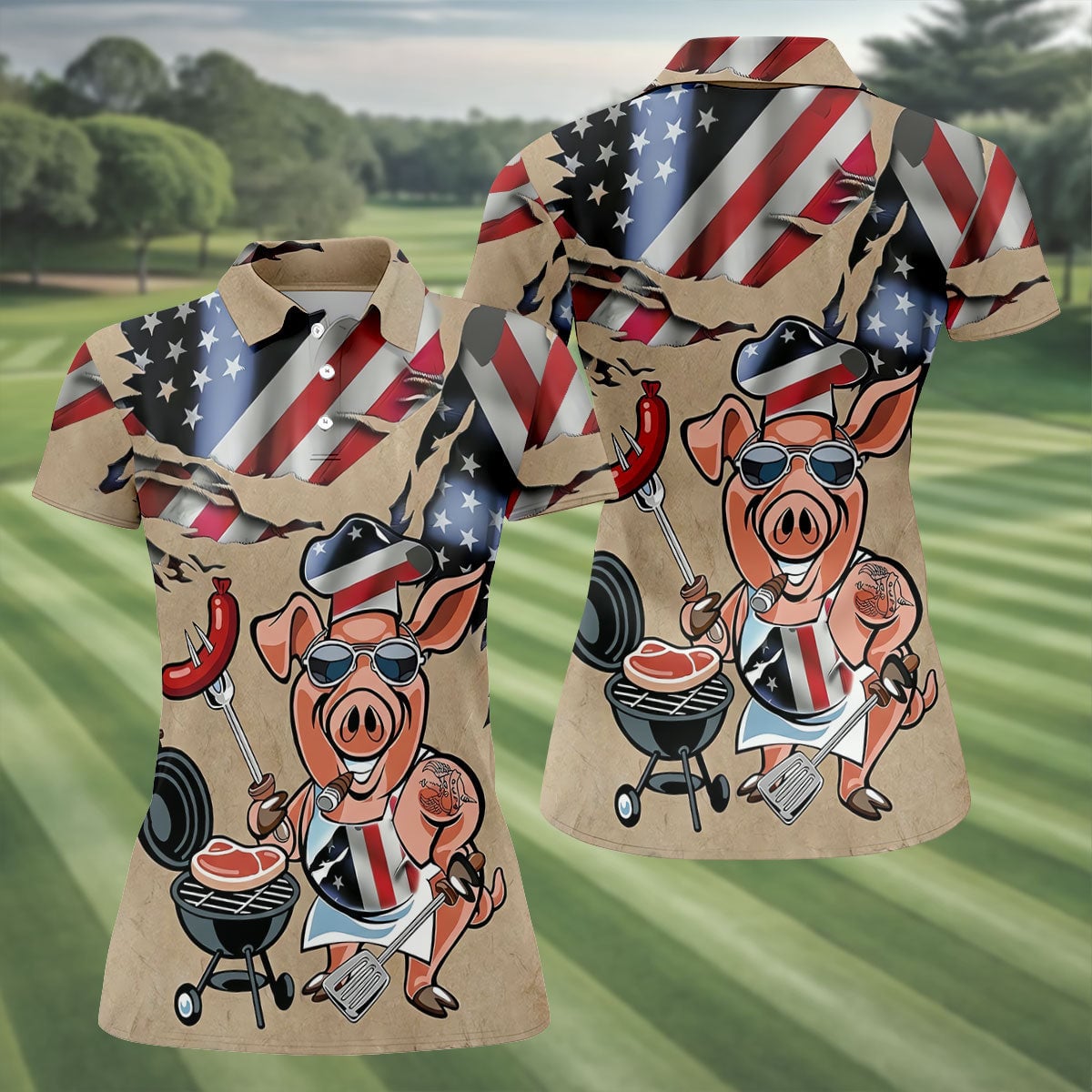 American Flag Funny BBQ 250th Anniversary Polo Shirt Ladies Golf Shirts Best Gift Ideas